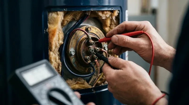 Testing a heating element Technician testing an electric water heater heating element with a multimeter