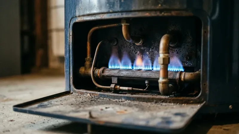 Gas burner flame Blue gas burner flames inside the burner compartment of a gas water heater
