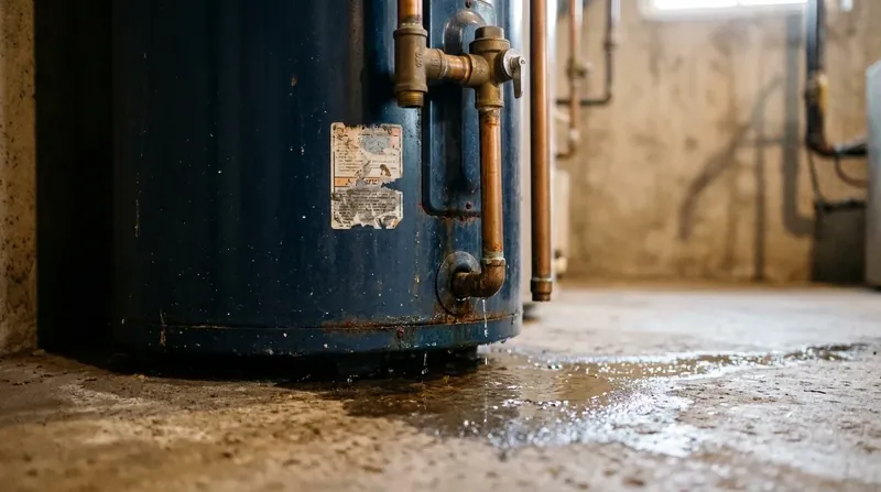 Tank water heater leaking water from its base onto a basement floor