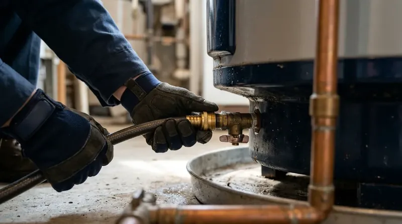 Water heater flush Technician connecting a hose to a water heater drain valve to flush sediment